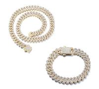 HALUKAKAH Plaqué Or Véritable 18k Lien Cubain Bracelet Collier Bijoux avec Diamants pour Hommes,Plus 1500 Diamants de Laboratoire,Largeur 12mm Longueur 20cm,45cm avec Boîte Cadeau