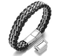 HALUKAKAH Plus ● Argent Solo/Honneur Or/Pistolet Noir ● Homme Bracelet Cuir Véritable Magnétique Ajustable 21.5-23cm avec Boîte-Cadeau (Argent Solo Double Chaîne avec Un Fermoir Supplémentaire)