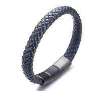 HALUKAKAH Plus ● Jazz ● Hommes Cuir Véritable Tresse à La Main Noir mélange Bleu Bracelet Fermoir en Magnétique Titane Givré Taille Réglable 21.5-23cm avec Coffret Cadeau Gratuit