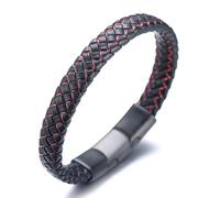 HALUKAKAH Plus ● Jazz ● Hommes Cuir Véritable Tresse à La Main Noir mélange Rouge Bracelet Fermoir en Magnétique Titane Givré Taille Réglable 21.5-23cm avec Coffret Cadeau Gratuit