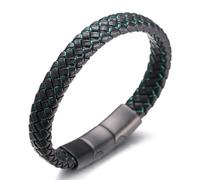 HALUKAKAH Plus ● Jazz ● Hommes Cuir Véritable Tresse à La Main Noir mélange Vert Bracelet Fermoir en Magnétique Titane Givré Taille Réglable 21.5-23cm avec Le Boîte-Cadeau