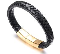 HALUKAKAH Plus ● Solo ● Le Bracelet de l’Homme en Noir Style Classique Cuir Véritable avec Titané Fermoir Magnétique Doré Taille Ajustable 8.46"-9"(21.5-23cm) avec Le Boîte-Cadeau