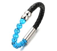HALUKAKAH ● Saluons La Terre ● Homme Bracelet en Cuir Véritable de Main aux Perles de la Turquoise Bleu;Le Bouton magnétique et intélligent, 8.46"(21.5cm) avec Une Boîte-Cadeau Gratuit