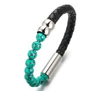 HALUKAKAH ● Saluons La Terre ● Homme Bracelet en Cuir Véritable de Main aux Perles de la Turquoise Vert;Le Bouton magnétique et intélligent, 8.46"(21.5cm) avec Une Boîte-Cadeau Gratuit