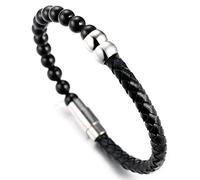 HALUKAKAH ● Salut LA Nuit ● Homme Bracelet en Cuir Véritable de Main avec Les Perles de Obsidienne Pierre Fermoir Magnétique Intelligent en Titane Acier 8.07" (21cm) avec Le Boîte-Cadeau Gratuit