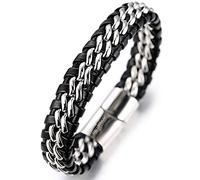 HALUKAKAH ● Solo ● Homme Bracelet en Cuir Véritable de Main Noir avec Double Chaîne Argent Fermoir Magnétique en Titane Acier 8.46"(21.5cm) avec le Boîte-cadeau Gratuit