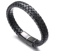 HALUKAKAH ● Solo ● Homme Bracelet en Cuir Véritable de Main Noir Style Classique Fermoir Magnétique en Titane Acier Noir 8.46"(21.5cm) avec Le Boîte-Cadeau