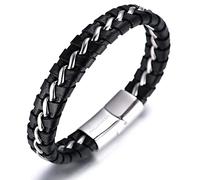 HALUKAKAH ● Solo ● Homme Bracelet en Cuir Véritable de Main Noire & Argent Fermoir Magnétique en Titane Acier 8.46"(21.5cm) avec Le Boîte-Cadeau Gratuit