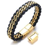 HALUKAKAH ● Solo Silver/Honor Gold/Nightwatch Black ● Men's Genuine Leather Bracelet Titanium Double Chain Magnetic Clasp 21.5-23cm with Free Giftbox