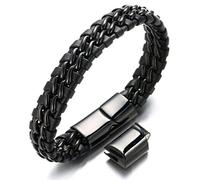 HALUKAKAH ● Solo Silver/Honor Gold/Nightwatch Black ● Men's Genuine Leather Bracelet Titanium Double Chain Magnetic Clasp 21.5-23cm with Free Giftbox