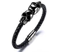 HALUKAKAH ● Tueur ● Homme Bracelet en Cuir Véritable de Main avec Le Boucle de la Tête du Mort Titané et Magnétique avec Le Boîte-Cadeau Gratuit(Noire)