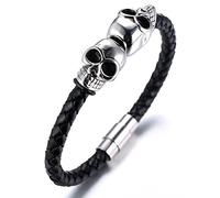 HALUKAKAH ● Tueur ● Homme Bracelet en Cuir Véritable de Main avec Le Boucle de la Tête du Mort Titané et Magnétique avec Le Boîte-Cadeau Gratuit(Argent)