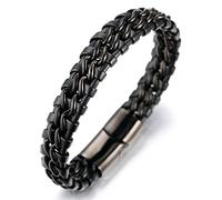 HALUKAKAH ● Veille de Nuit ● Homme Bracelet en Cuir Véritable de Main Noir avec Double Chaîne Noir Fermoir Magnétique en Titane Acier 8.46"(21.5cm) avec le Boîte-cadeau Gratuit