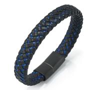HALUKAKAH ● Veille de Nuit ● Le Bracelet de l’Homme en Cuir Véritable Noire Cordon Bleu Fermoir Magnétique Titane 21.5cm avec Le Boîte-Cadeau Gratuit