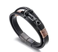 HALUKAKAH ● Voile ● Homme Bracelet en Cuir Véritable de Main Tresser Ancre Noir Fermoir Magnétique en Titane Acier Mat 8.5"/21.5cm avec Le Boîte-Cadeau