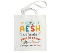 HALUMI Sac Tote Bag en Toile Prénom AESH Enfant Personnalisable Merci AESH avec le cœur Cadeau Remerciement Année Scolaire École Maternelle Sac de Courses Coton Recyclé 42x38cm