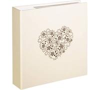 Hama Album Photo Anzio 22,5x22cm (100 Pages à Pochettes pour 200 Photos 10x15cm, Élégante Couverture Brillante Motif Cœur, Ligne de légende, Idéal Mariage, Fiançailles ou Anniversaire) Beige