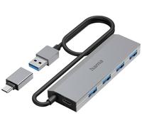 Hama Hub USB, 4 Ports, USB 3.2 Gen1, 5 Gbit/s, Adaptateur USB-C et Bloc Secteur, Garantie 10 Ans, Gris