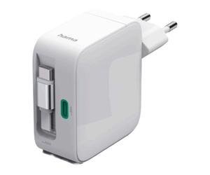 Hama adaptateur secteur rapide 2x USB-C PD GaN 65W avec câble extensible - blanc