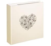 Hama Album Photo Anzio 22,5x22cm (100 Pages à Pochettes pour 200 Photos 10x15cm, Élégante Couverture Brillante Motif Cœur, Ligne de légende, Idéal Mariage, Fiançailles ou Anniversaire) Beige
