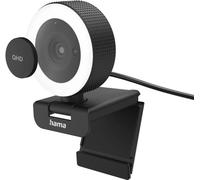 Hama Webcam Streaming QHD C-800 Pro (Ringlight intégrée Autofocus Exposition Intelligente Double Micro, Idéale Visio Teams Youtube Twitch ou Gaming, pivotable 360°, Cache caméra, télécommande) Noir
