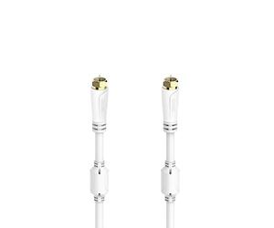 Hama Câble Coaxial Raccord d'Antenne TV numérique SAT satellite, 5m, Connecteurs Type F Plaquées Or, Mâle Mâle, Blindé, 100dB, Anneaux Ferrite protegeant des interférences, Blanc