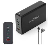 Hama Chargeur USB 240W GaN, 5 Ports, 4X USB-C et 1x USB-A, Charge Rapide Sécurisée, PD + QC 3.0, Détection Auto, Station de Charge Secteur Multiports 5 en 1, Préserve la Batterie, Câble 1.5m, Noir