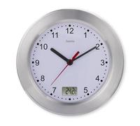Hama Horloge Salle de Bains Silencieuse avec Thermomètre (Pendule Murale sans tic-tac, A Quartz, Ø 17 cm, Analogique, Affichage Numérique Température, Aiguilles Secondes, à Ventouses) Argent