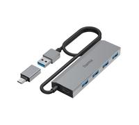 Hama Hub USB, 4 Ports, USB 3.2 Gen1, 5 Gbit/s, Adaptateur USB-C et Bloc Secteur, Garantie 10 Ans, Gris