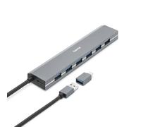 Hama Hub USB 7 Ports 5Gbps (avec Adaptateur USB-A vers USB-C et Bloc Secteur, Thunderbolt, Boîtier Aluminium, 7X USB-A, pour Souris, Clavier, Disque Dur, Clé USB, Dongle, Idéal PC ou Macbook) Gris