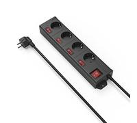 Hama Multiprise avec Interrupteur (Bloc 4 Prises Schuko 16A, Interrupteur Individuel éclairé, idéal économie d'énergie, Prises à 90°, œillet Suspension integré, 3680W, Cable 1.4m H05VV-F) Noir
