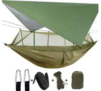 hamac 2 personnes avec moustiquaire, tente, sangles d'arbre, robuste, étanche, léger, nylon, portable, pour la randonnée, les voyages, la plage, la survie, l'arrière-cour (vert armée + vert)