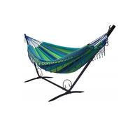 Hamac bleu et vert à franges avec support en métal