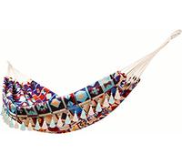 Hamac de jardin hamac suspendu double en coton avec franges à suspendre à la plage ou dans le patio extérieur hamac brésilien (motif géométrique rétro jacquard, 280 x 150 cm, charge maximale 204 kg)