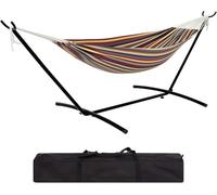 Hamac Double 2 Personnes avec Support en Acier Économiseur d'Espace - Capacité 220 kg, Sac de Transport Imperméable - Intérieur/Extérieur pour Jardin, Camping, Plage (Rayures Arc-en-Ciel（Jaune）)