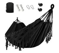 Hamac double avec une capacité de charge de 226,8 kg, pompons et queue de poisson, hamac de camping très résistant avec sangles de montage pour balcon, couleur noire