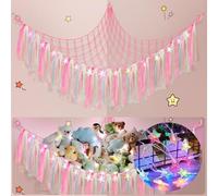 Hamac en peluche avec lumière LED, décoration bohème, filet de rangement pour jouets en peluche, ours en peluche, hamac en macramé tissé à la main pour animaux en peluche, rose