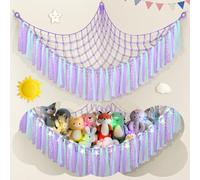 Hamac en peluche avec lumière LED, décoration bohème, filet de rangement pour jouets en peluche, ours en peluche, hamac en macramé tissé à la main pour animaux en peluche, violet lavande