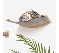 Hamac Mural pour Chat - Arbre à Chat Mural - Kit Comprenant Un Hamac et Deux Poteaux - Bois Clair Tissu Blanc