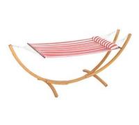 Outsunny Hamac sur Pied 1 Place, hamac avec Support en Bois, Oreiller de tête, lit en Coton, pour terrasse extérieur Piscine, Rayures Rouges et Blanches