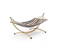 Hamac XL avec support métal effet bois et toile rayée noire, blanche et chocolat