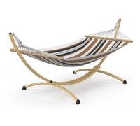 Hamac XL avec support métal effet bois et toile rayée noire, blanche et chocolat bois