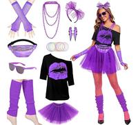 Hamanasu Deguisement Annee 80 90 Accessoires Femme Costume Annee 80 90 Femme Tenue Deguisement Fluo Costume Disco avec T-Shirt, TuTu, Sac, Gants, Bandeau pour Carnaval Halloween Fête Soirée Violet L