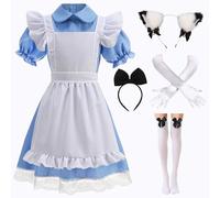 Hamanasu French Maid Robe de cosplay Anime Maid Costume de soubrette Anime Cosplay Lolita Robe Cosplay Classique Fourrure Oreille de Chat Gants Chaussettes Tenue, Bleu-S