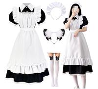 Hamanasu Robe de Maid Cospaly à manches longues pour femme française - Costume long de soubrette avec robes, tabliers, couvre-chef, pour Halloween, carnaval, cosplay