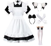 Hamanasu Robe de soubrette d'anime French Maid - Tenue Anime Lolita - Cosplay - Robe sexy classique - Oreilles de chat en fourrure - Gants et chaussettes - Noir - 4XL