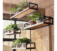 Hamankim Étagères suspendues en métal Support de Rangement pour Fleurs au Plafond avec chaîne présentoir à Bouteilles de vin en Bois pour Bar Garage ou Restaurant Facile à Installer(A,100x25x15cm)