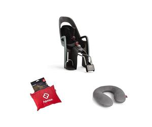 Hamax - Pack Unique Porte Bébé Vélo Caress Fixation sur Cadre - Vert/Noir + Oreiller Cervical + Poncho Pluie Enfant - Siège Inclinable 20°, Sécurité 3 Points, Protection Imperméable