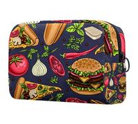 Hamburger Hot Dog Pizza Trousse à cosmétiques pour femme, trousse de toilette de voyage, grande pochette de maquillage pratique avec fermeture éclair, multicolore, 18.5x7.5x13cm/7.3x3x5.1in, Trousse