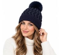 Hamishkane® Bonnet thermique doublé de fourrure pour femme, bonnet tricoté | Bonnet à pompons en zigzag avec détails en strass pour femme, chapeau d'hiver isolé pour femme, bonnet noir, taille unique